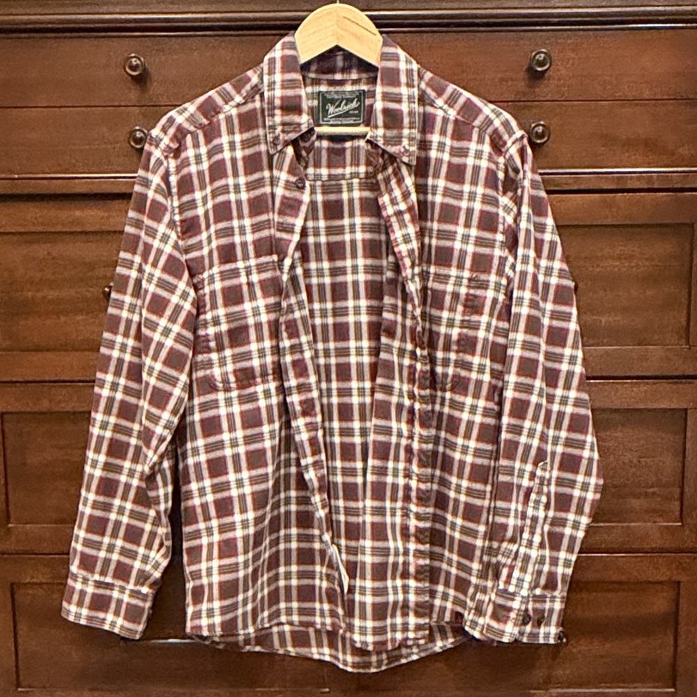 Woolrich Flannel Shirt Men's M Burgundy Plaid Button Down Outdoor Heritage USA